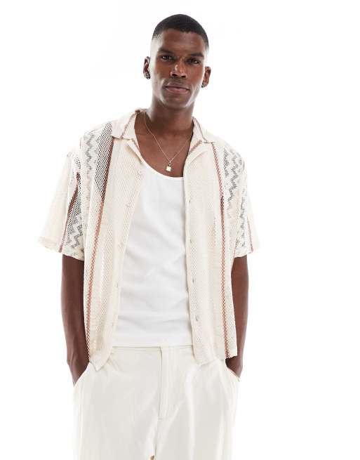 Pull&Bear – Naturvit, virkad skjorta 