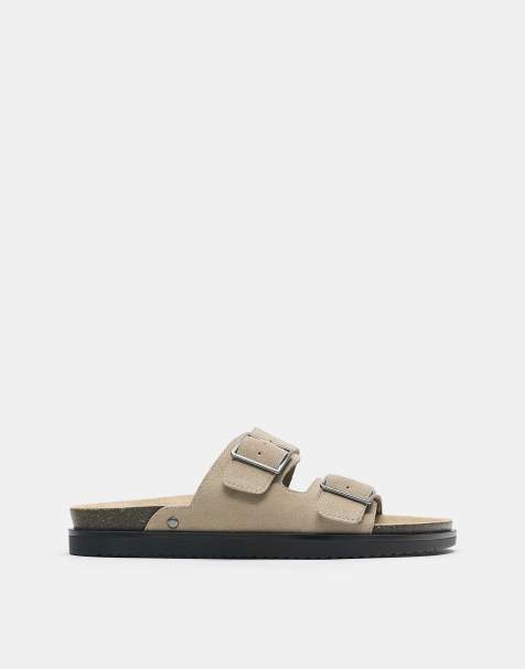 Pull&Bear – Naturvita, platta sandaler i läder med spännen - view 1