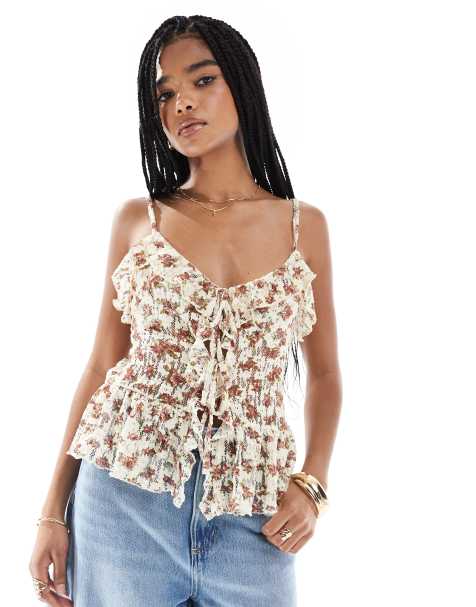 Pull&Bear – Naturvitt, blommigt linne med volang - view 1