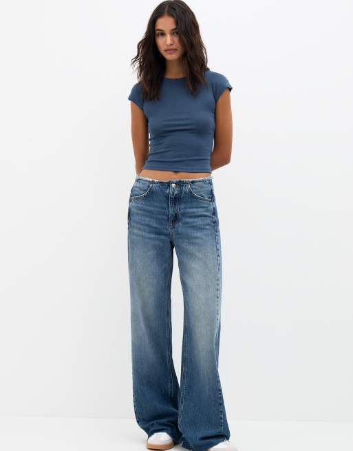 Pull&Bear - Nauwsluitende T-shirt met volle mouwen in marineblauw, 2 van 4