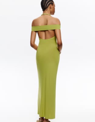 Pull & Bear - Neckholder-Kleid in Pistaziengrün mit Knoten