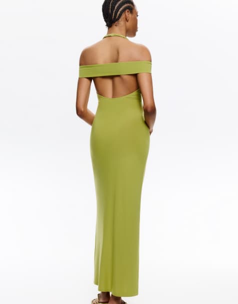 Pull&Bear – Neckholder-Kleid in Pistaziengrün mit Knoten - view 1