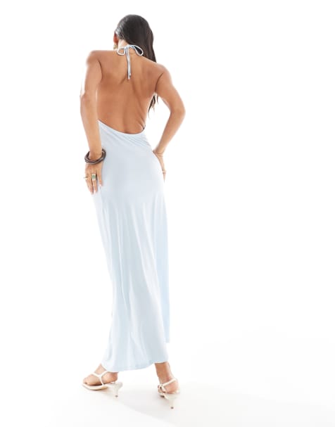 Pull&Bear – Neckholder-Minikleid in Puderblau mit Wasserfallausschnitt - view 1