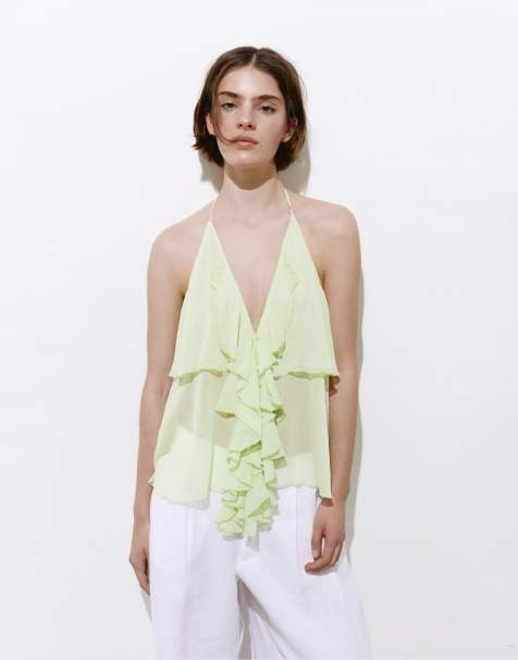 Pull&Bear – Neckholder-Oberteil in Apfelgrün mit Rüschen - view 1