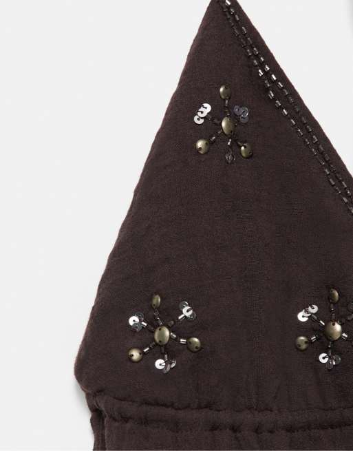Pull&Bear – Neckholder-Oberteil in Braun mit Perlenverzierung, 3 von 4