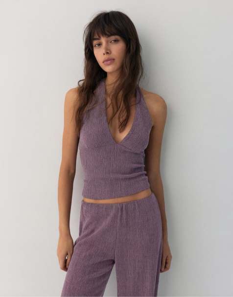Pull&Bear – Neckholder-Oberteil in Flieder aus Kreppstoff - view 1