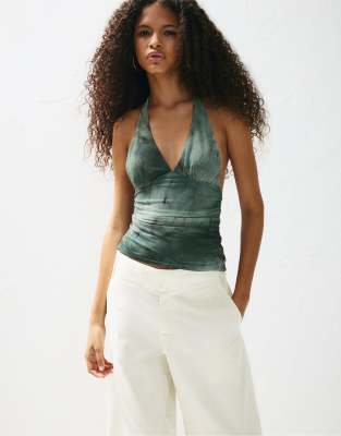 Pull & Bear - Neckholder-Oberteil in Grün mit Batikmuster
