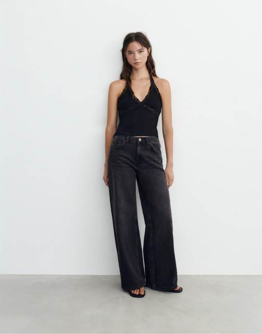Pull&Bear – Neckholder-Oberteil in Schwarz mit Spitzenborte, 3 von 4