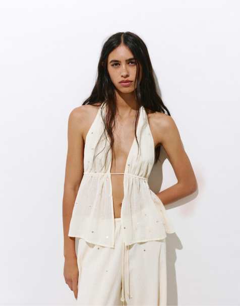 Pull&Bear – Neckholder-Oberteil in Vanille mit Spiegeldetails - view 1