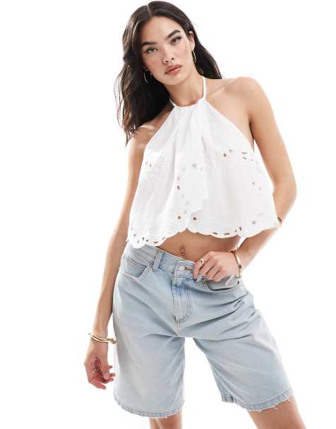 Pull&Bear – Neckholder-Oberteil in Weiß mit Wickeldetail und Lochstickerei - view 1