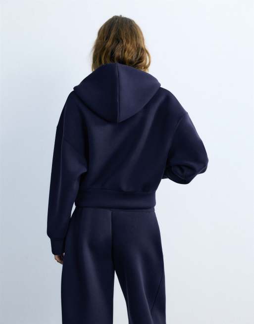 Pull&Bear Neoprene-effect zip hoodie in navy, 2 of 7