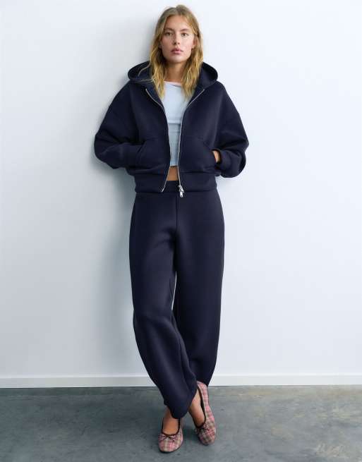 Pull&Bear Neoprene-effect zip hoodie in navy, 4 of 7