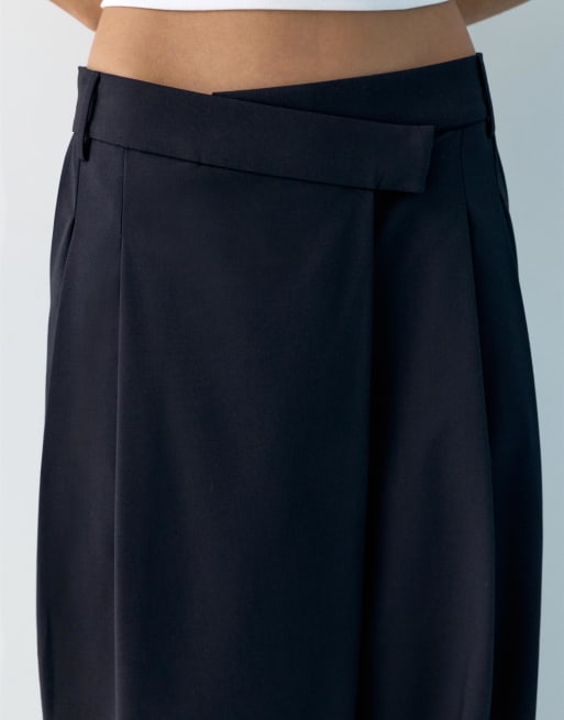 Pull&Bear - Nette broek met gekruiste taille in marineblauw, 3 van 4