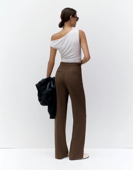 Pull&Bear nette broek met hoge taille in bruin, 2 van 7