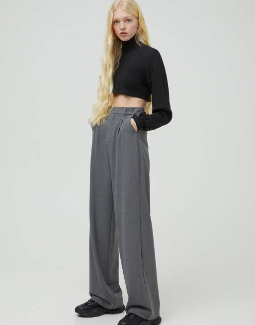 Pull&Bear - Nette dad broek met wijde pijpen in grijs