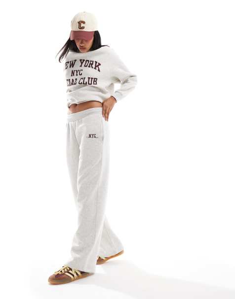Pull&Bear New York graphic co-ord wide leg jogger in grey marl - view 1