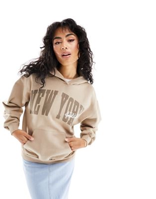 Pull&Bear New York graphic oversized hoodie in beige | ASOS