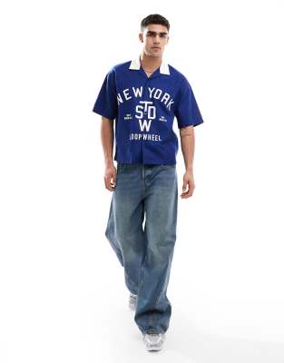 Pull & Bear 'new York' Oversized Knit Polo Shirt In Blue