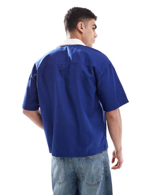Pull&Bear 'New York' oversized knit polo shirt in blue | ASOS