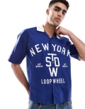 [Pull & Bear] Pull & Bear 'New York' oversized knitted polo in blue XS BLUE
