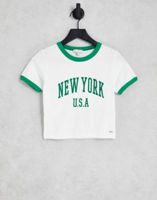 Pull&Bear New York slogan cropped t-shirt in white