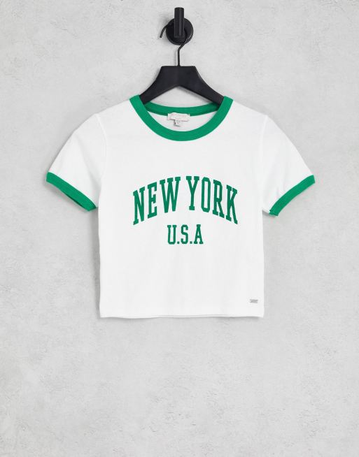 Pull&Bear New York slogan cropped Tshirt in white ASOS