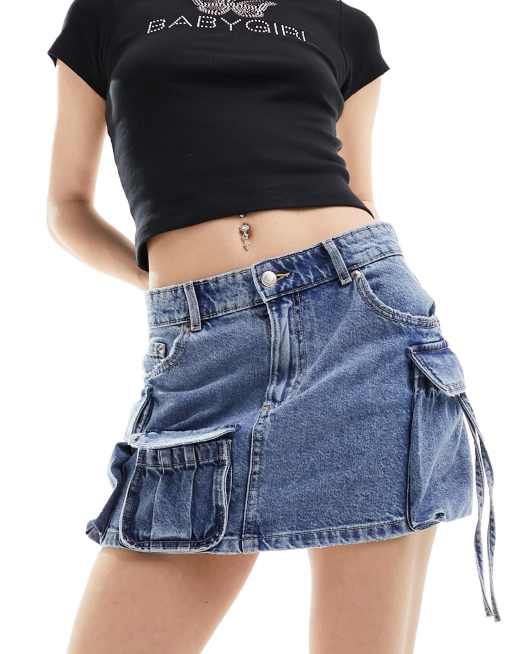 Pull&Bear – Niebieska spódnica jeansowa mini z kieszeniami