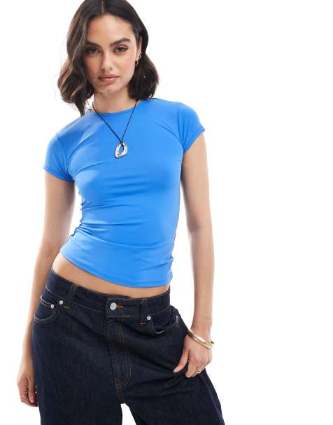 Pull&Bear – Niebieski, przylegający T-shirt z poliamidu - view 1