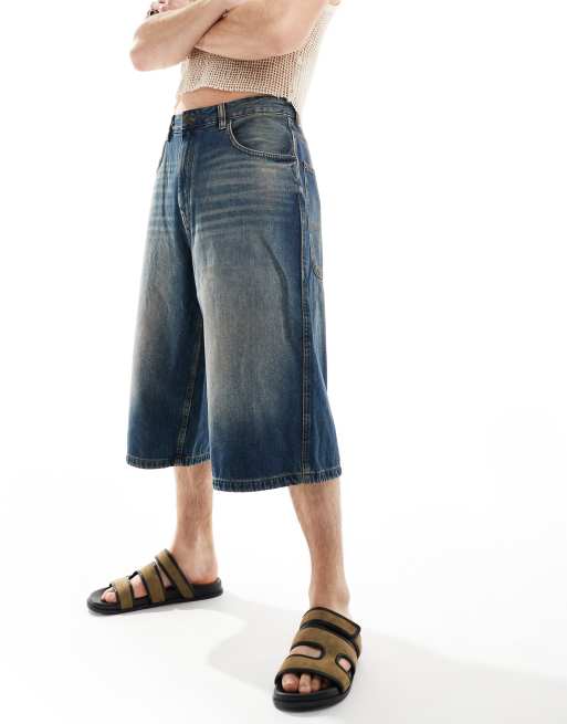 Pull&Bear – Niebieskie bardzo luźne szorty jeansowe o wydłużonym fasonie z efektem sprania, 4 z 5