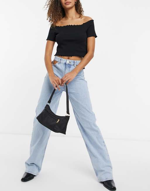 Pull&Bear – Niebieskie jeansy w stylu lat 90. z rozcięciami