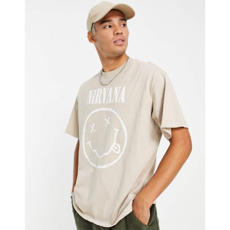 Pull&Bear Nirvana face print t-shirt in beige