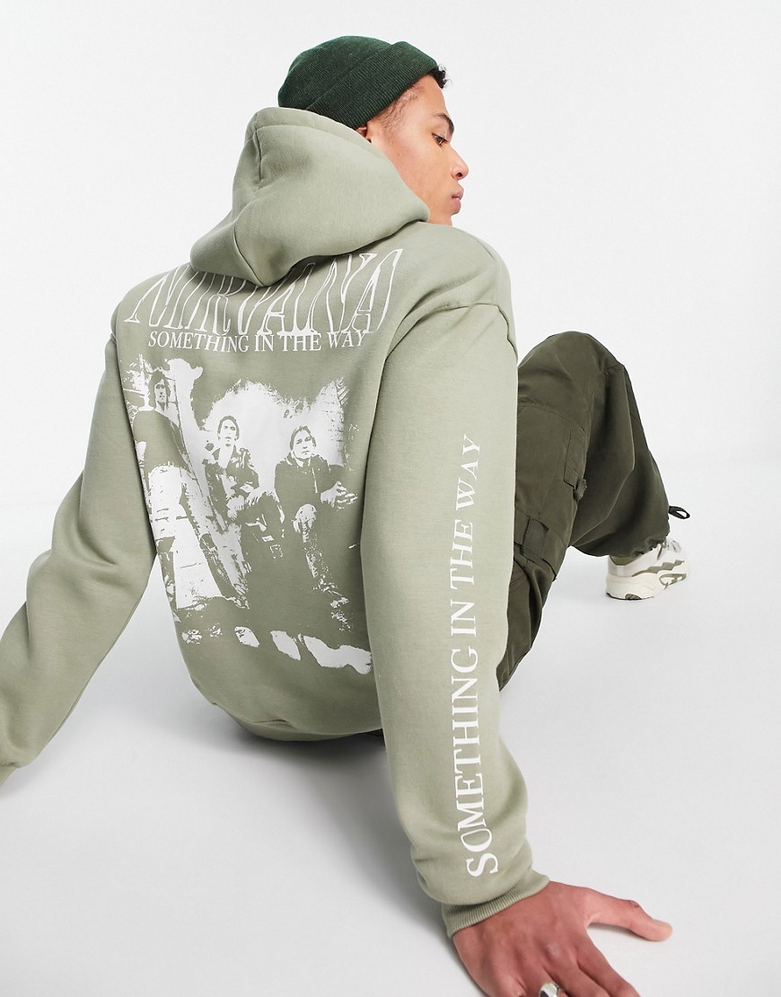Pull & Bear Nirvana printed hoodie in pale green-Neutral