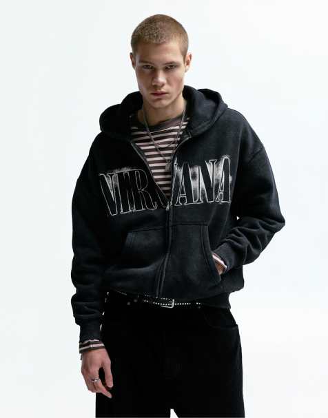 Pull&Bear - Nirvana - Sweat à capuche zippé - Gris pâle - view 1