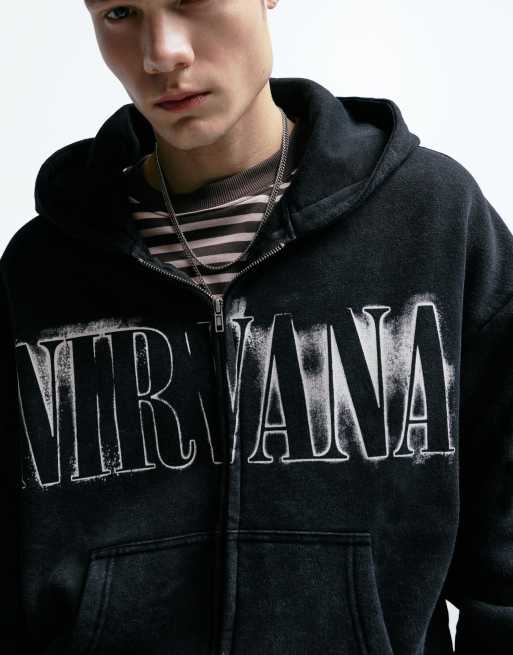 Pull&Bear Nirvana zip-up hoodie in pale grey | ASOS
