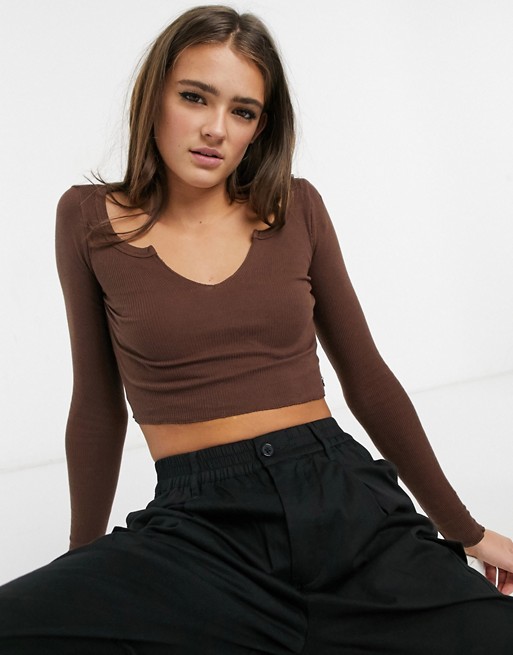 Pull&Bear notch front long sleeve top in chocolate brown