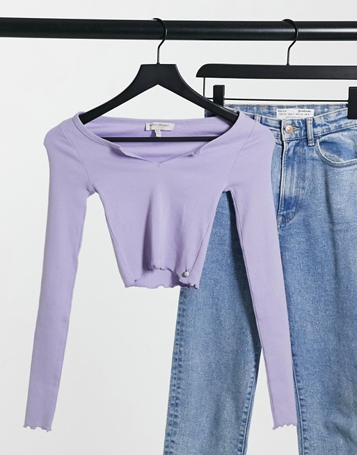 Pull&Bear notch front long sleeve top in lilac