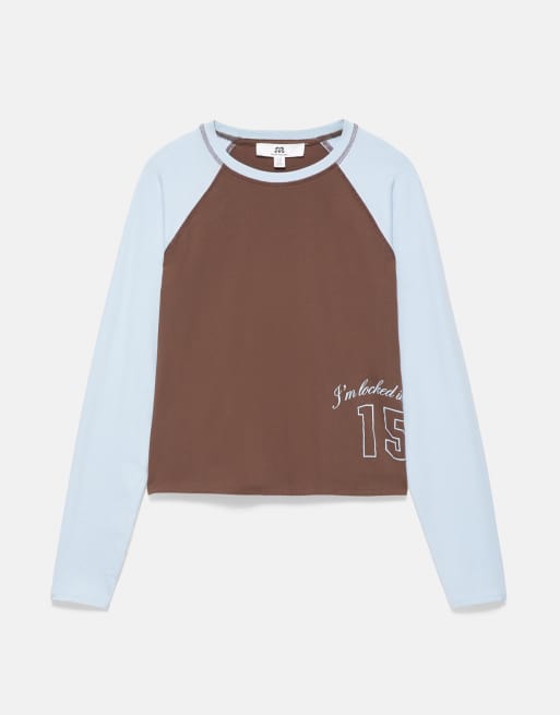 Pull&Bear Number print raglan t-shirt in brown, 6 of 7