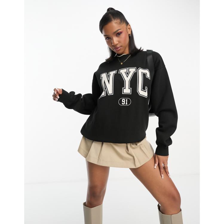 Pull&Bear 'NYC' varsity oversized sweatshirt in black