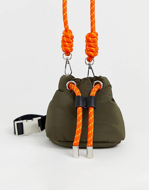 Pull&Bear nylon bucket bag with rope tie in green
