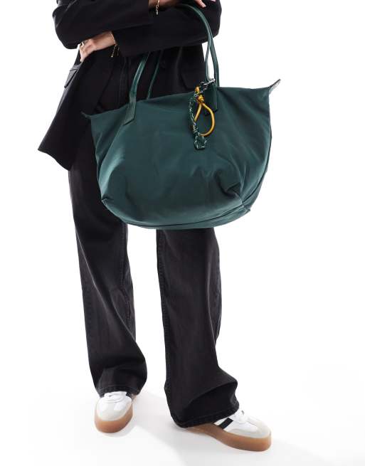Pull&Bear nylon tote bag with removable carabiner in dark green | ASOS
