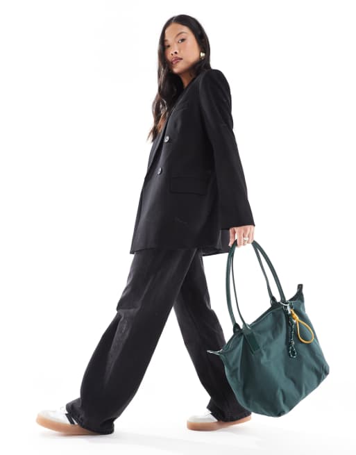 Pull&Bear nylon tote bag with removable carabiner in dark green | ASOS