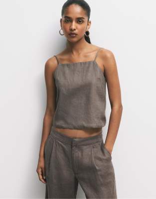 Pull & Bear - Oberteil aus 100% Leinen in Taupe-Grau