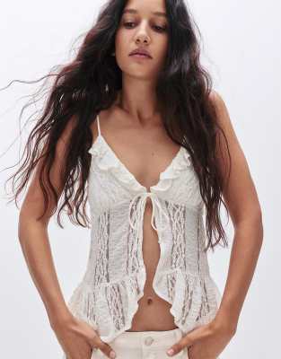 Pull & Bear - Oberteil aus beiger Spitze mit Rüschen-Neutral