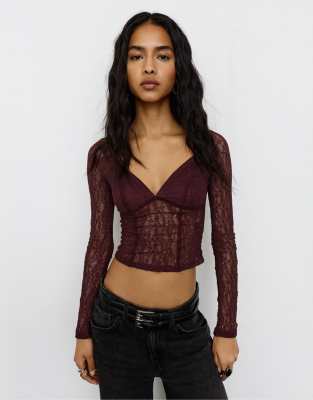 Pull & Bear - Oberteil aus Spitze in Burgunderrot mit Korsett-Design