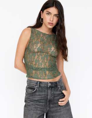 Pull & Bear - Oberteil aus Spitze in Khaki mit gerafften Seiten-Grün