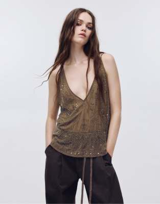 Pull & Bear - Oberteil in Braun mit Zierperlen und Riemchenträgern-Brown