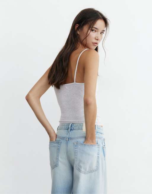 Pull&Bear – Oberteil in meliertem Grau mit schmalen Trägern, 2 von 7