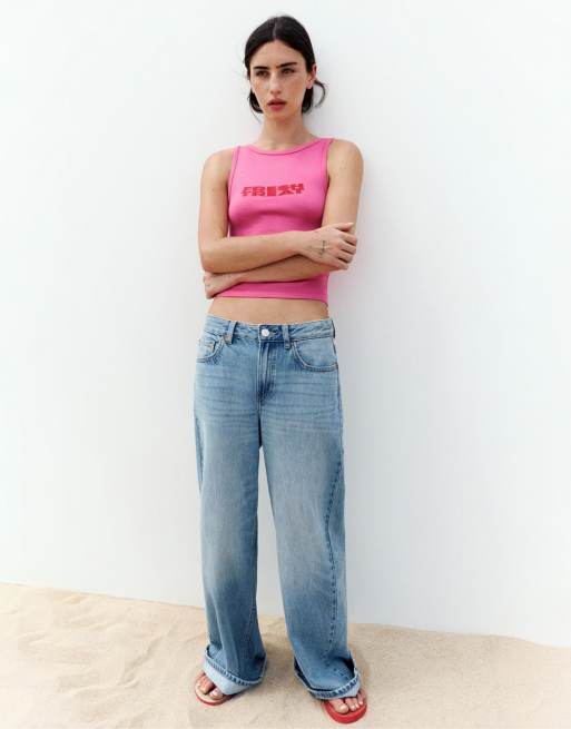 Pull&Bear – Oberteil in Rosa mit Print, 3 von 7