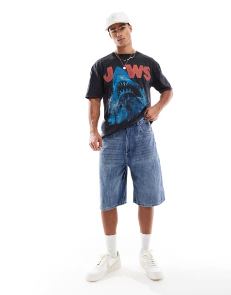 Pull&Bear distressed baggy denim short in darkwash blue