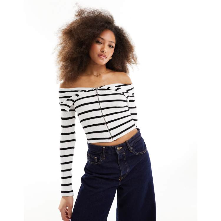 Krissy Off Shoulder Ribbed Stripe Top - Black/Off White - Eleven